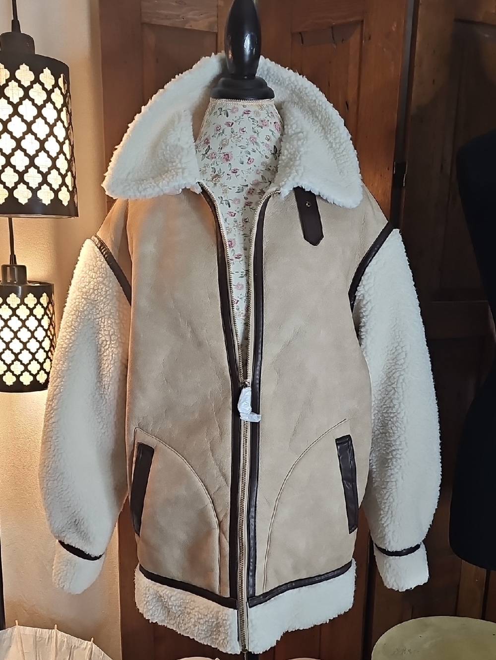 Beige Shearling Bomber Jacket with Cream Sherpa Lining Xlrg